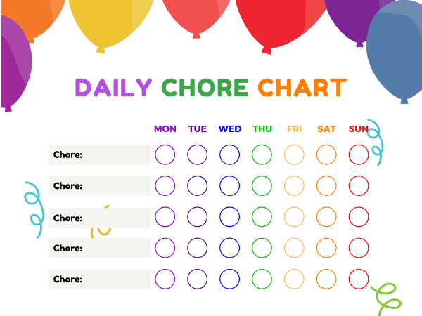 balloons printable chore chart for kids
