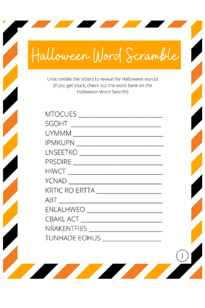 Halloween word unscramble free printable