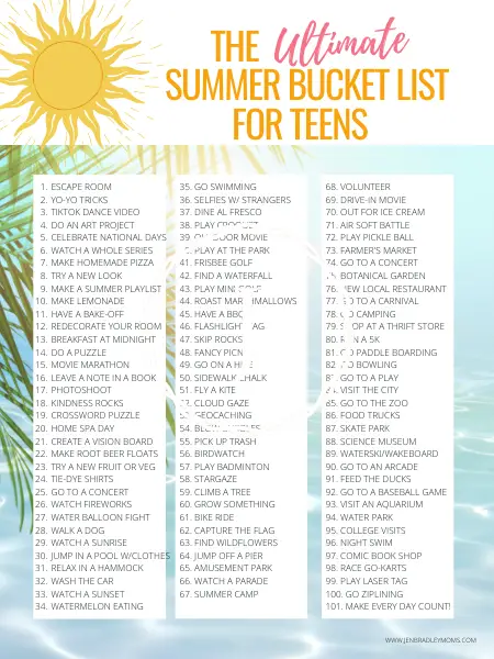 summer bucket list for teens and tweens printable